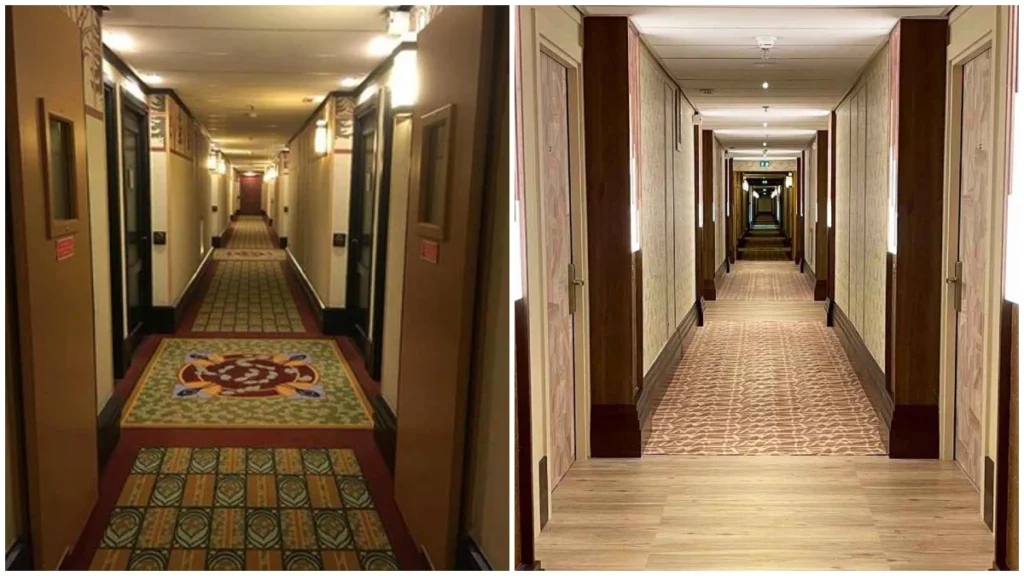 A comparison of the corridors at Disney Sequoia Lodge before and after they were renovated.