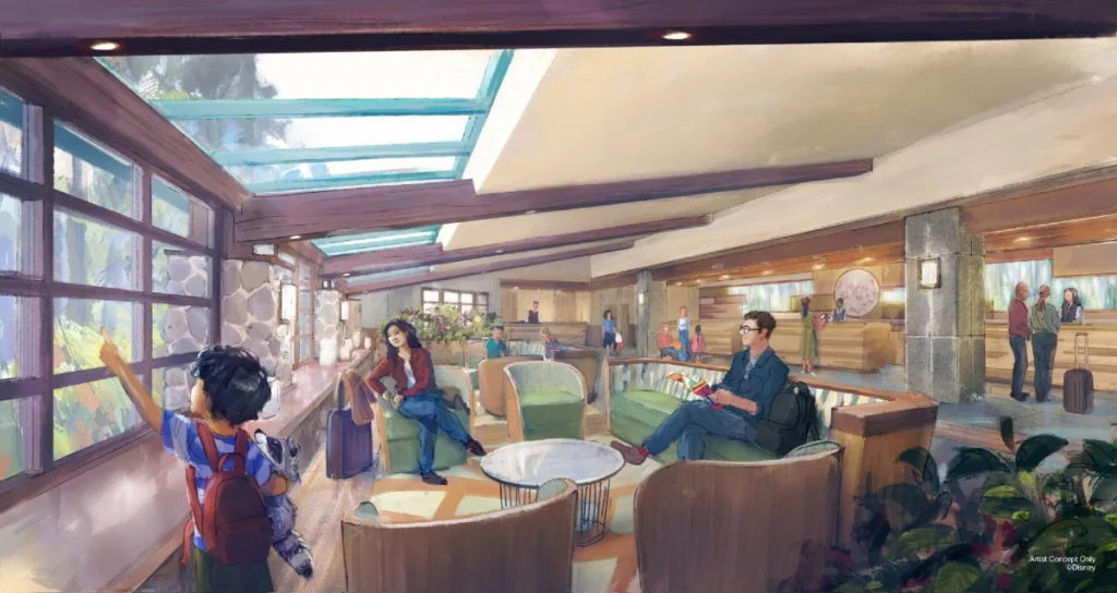The design for the future lobby of the Disney Sequoia Lodge hotel is shown here in the form of concept art.