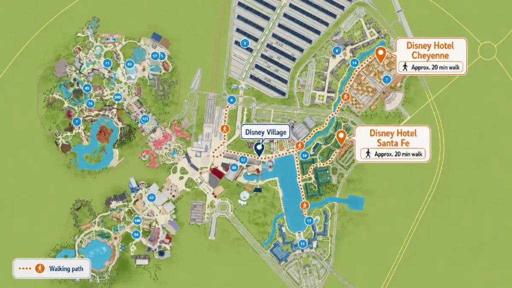 Location map of Disney Hotel Santa Fe and Disney Hotel Cheyenne at Disneyland Paris, showing the walking route to Disney Village and the Disney Parks.