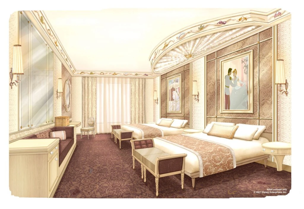 Dessin d'artiste d'une chambre Cendrillon au Disneyland Hotel