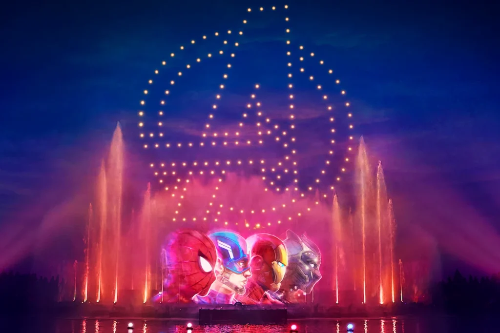 Scène Marvel du spectacle nocturne Disney Cascade of Lights