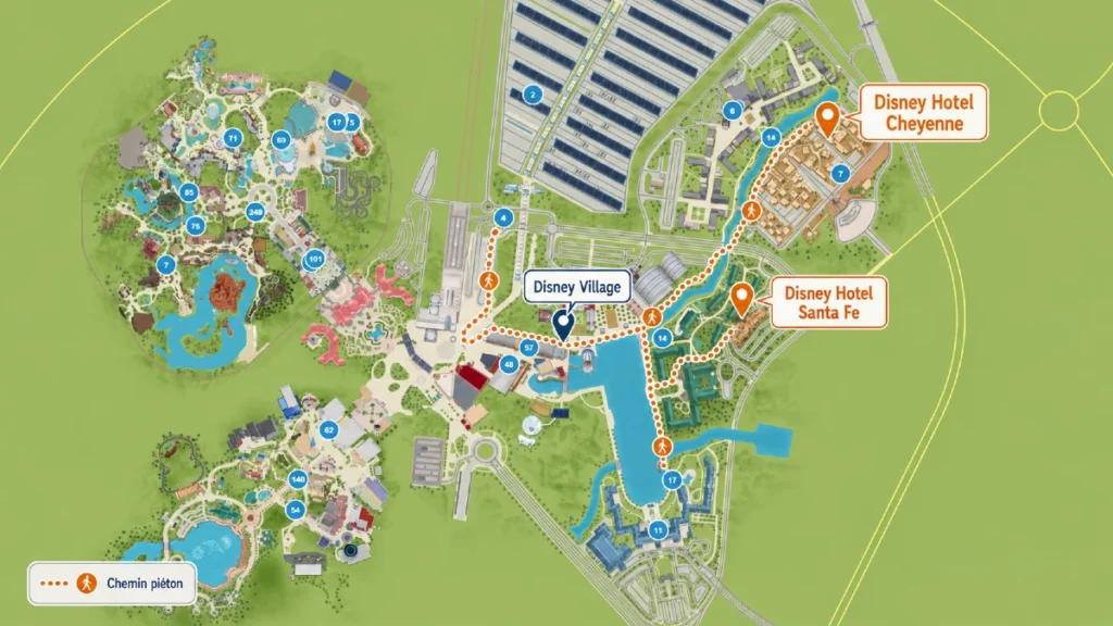 Localisation des hôtels Cheyenne et Santa Fe à Disneyland Paris