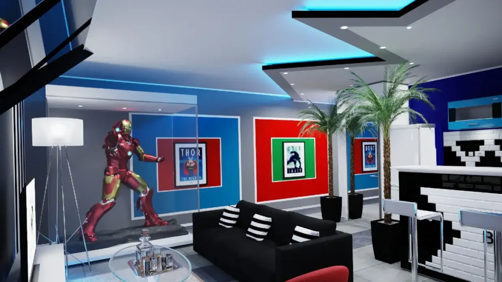 Le salon avec la statue taille réelle d'Iron Man