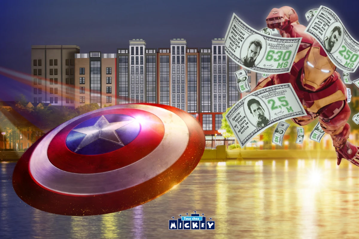Iron Man et les billets Avengers devant l'hôtel Marvel Disney