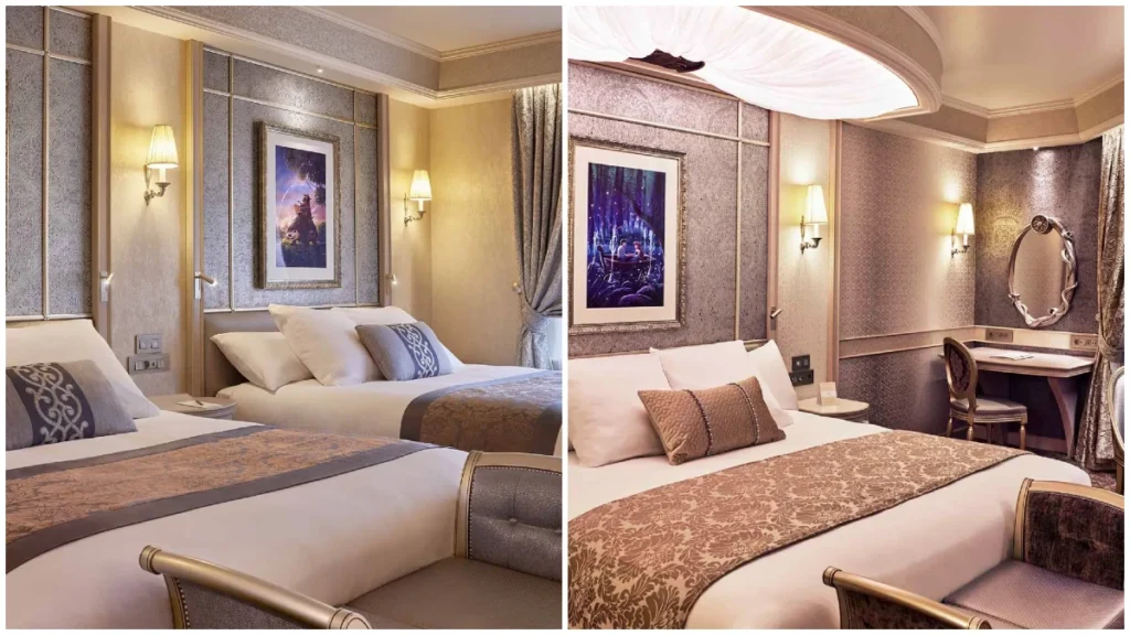 La chambre supérieure (à gauche) – La chambre Deluxe avec sa déco aux couleurs nacrées et poudrées (à droite)